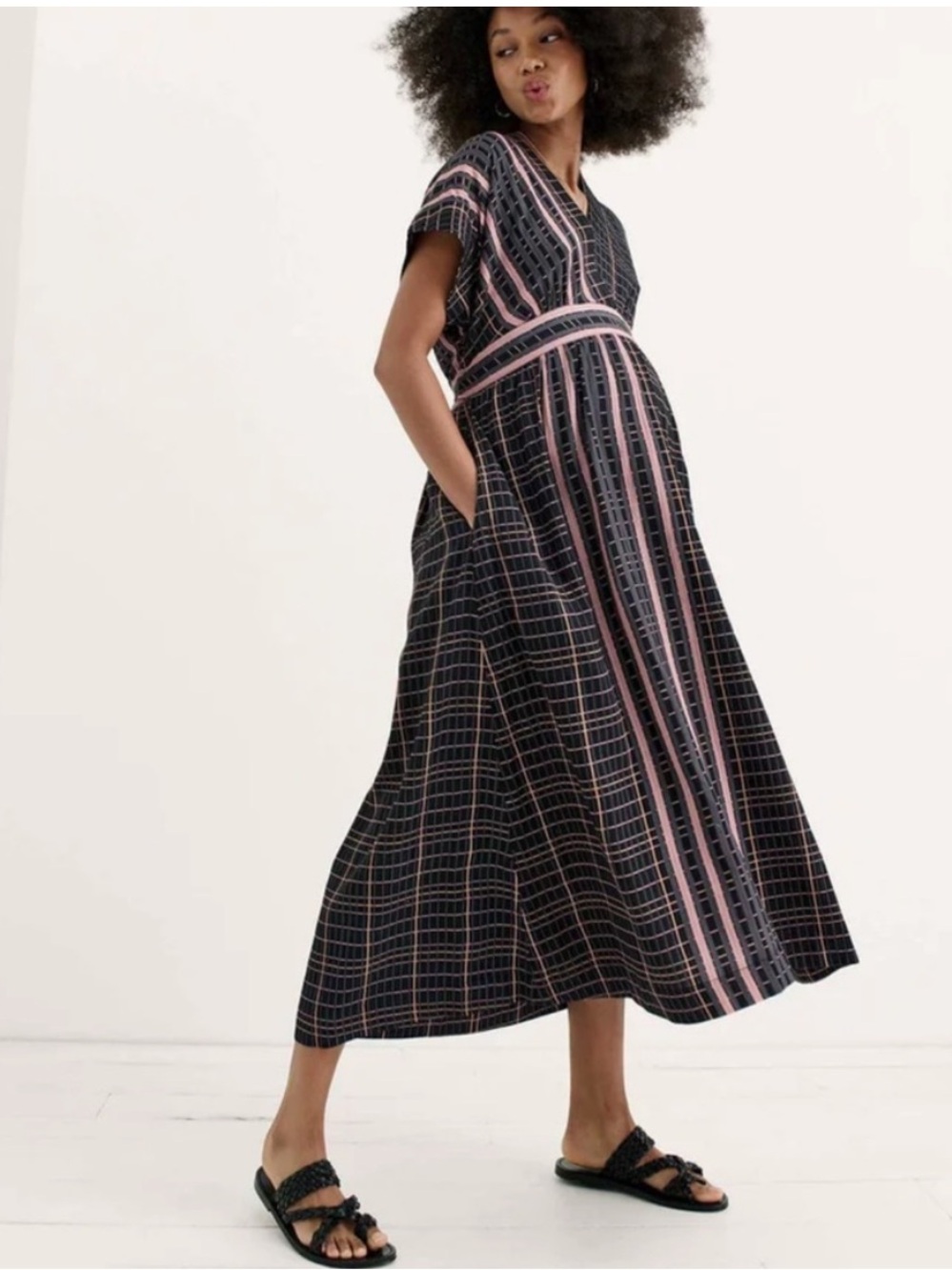 HATCH Carolina Dusty Black Rose Plaid Maternity Maxi Dress sz 2/M